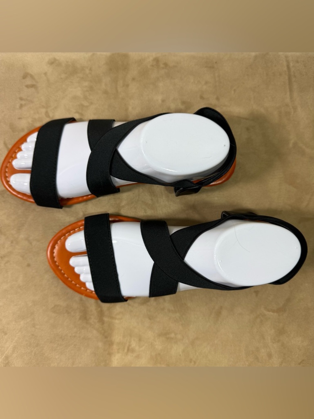 Sandalup Elastic Black Strappy Sandals with Tan Footbed